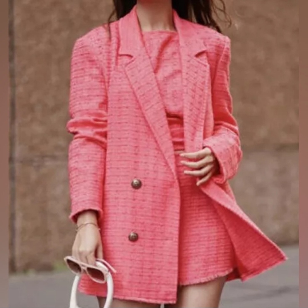 Zara S Oversized Barbiecore Pink Tweed Fringe Hem Double Breasted Blazer